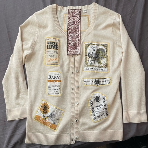 Vintage style L.A.M.B. Harajuku lovers Cream Cardigan with Artistic Patches - Picture 1 of 7